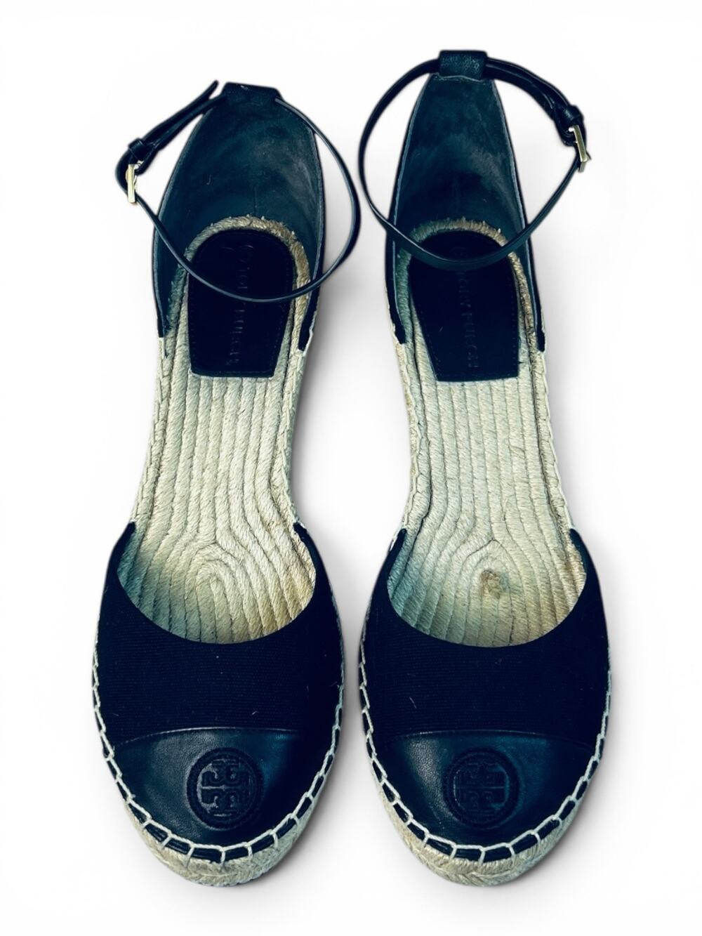 Tory Burch Black Canvas Leather Logo Cap Toe Wedge Espadrilles Ankle Strap 10.5